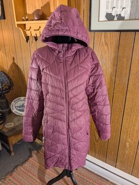 Paradox Long Hooded Puffer Coat in Plum